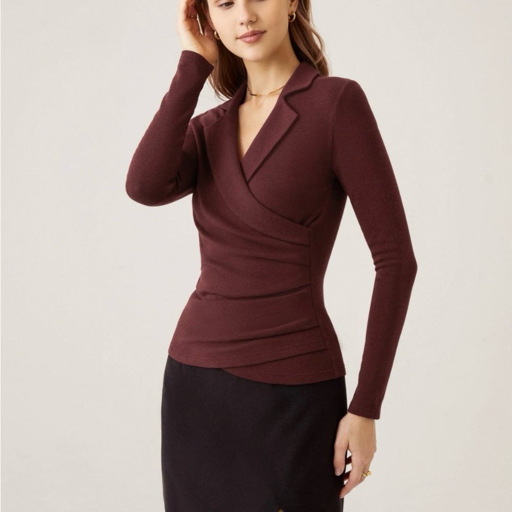 OGL Collared Surplice Elegant Burgundy Wrap Top